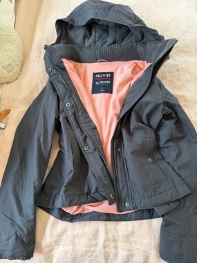 Hollister Dark Gray Hooded All-Weather Jacket with Pink Lining